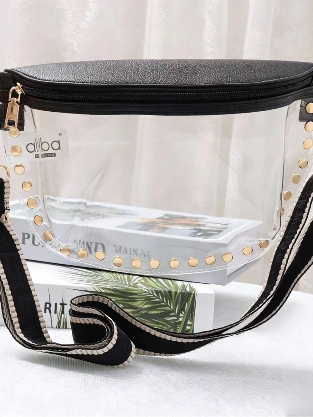 Alba Transparent Crossbody Bag with Black Trim and Gold Studs